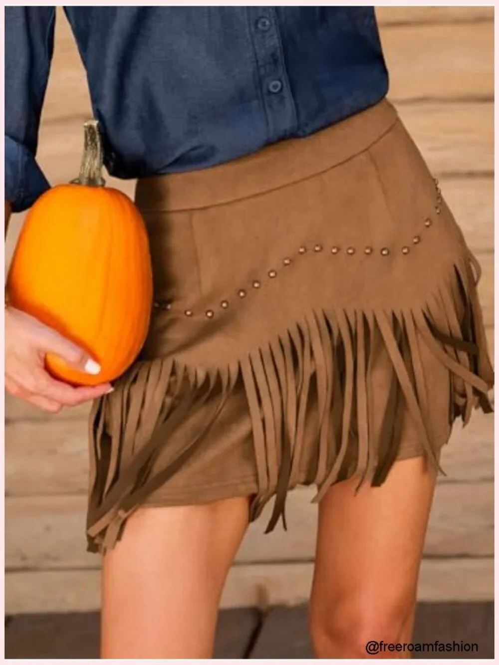 Faux Suede Fringe Mini Skirt High Waist Western Cowgirl Studded Flowy Tassel